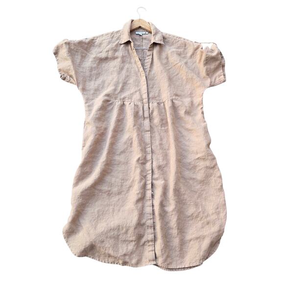 Chico’s Size 2.5, US 14 Linen Short Sleeve Roll Tab Dolman Midi Dress Beige - Picture 3 of 11